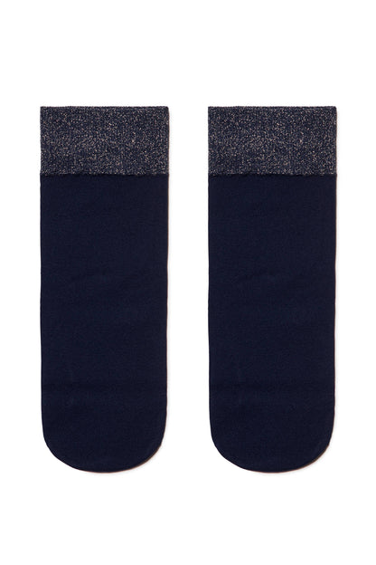 A pair of dark navy ankle socks featuring a shimmering metallic copper or bronze cuff at the top.