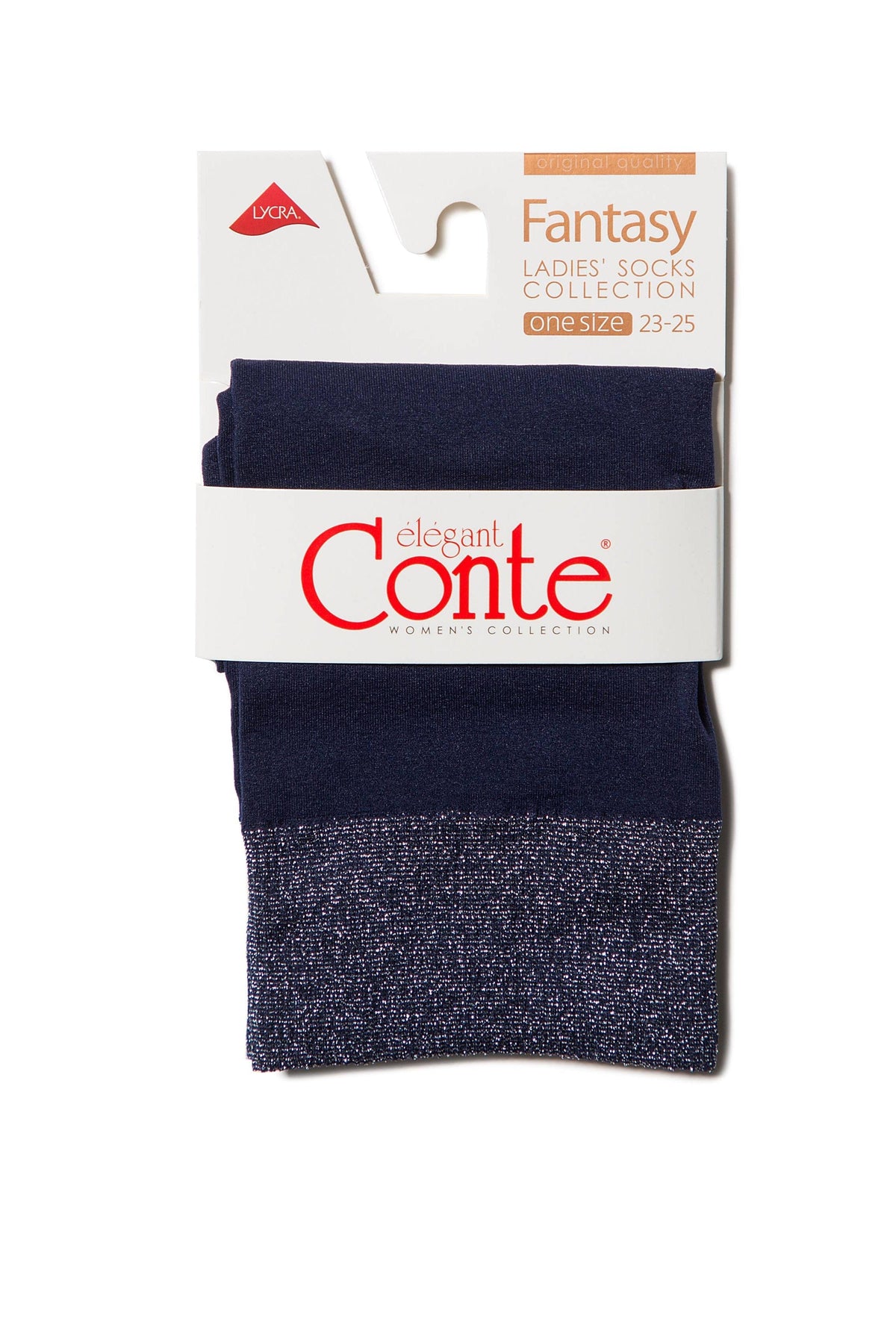 A pair of folded dark blue socks featuring a wide, metallic silver glitter cuff on the top edge, displayed on a branded retail product card.
