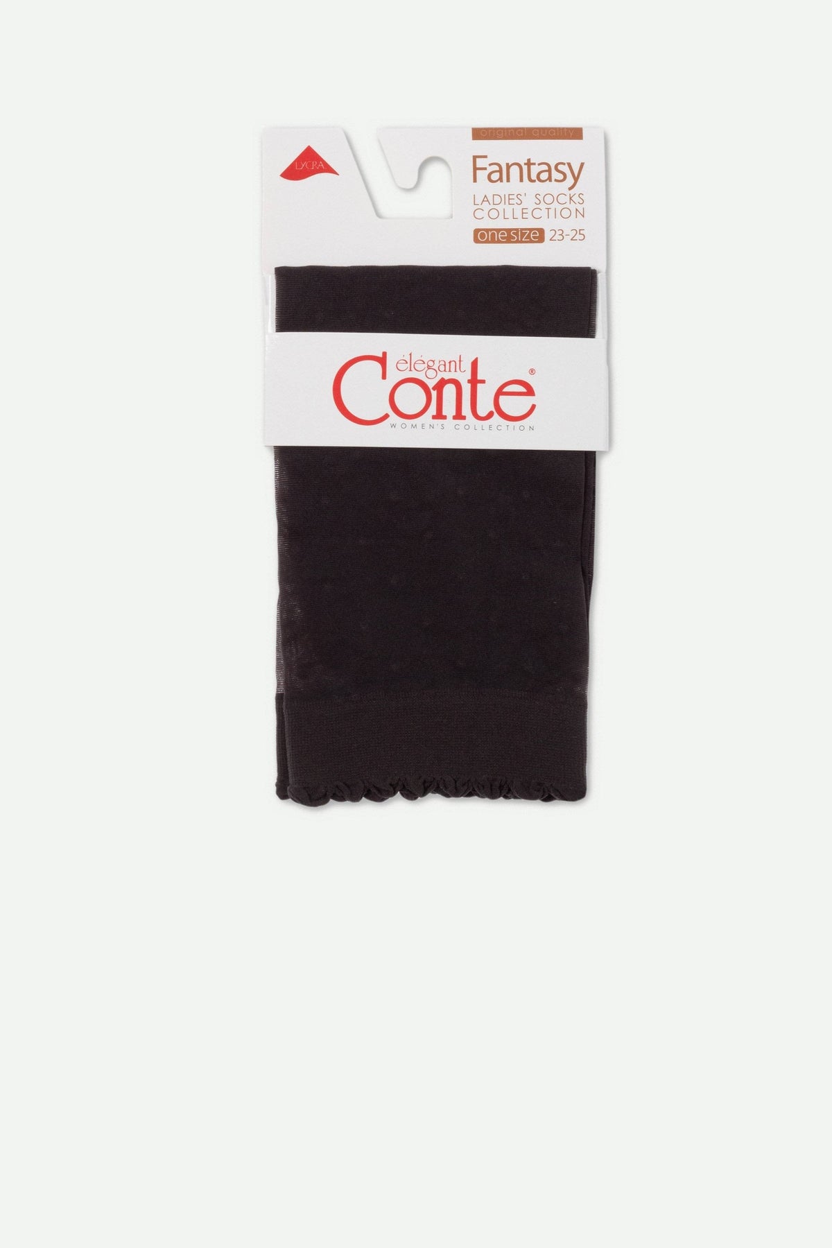 A pair of folded black socks with ruffled edges are packaged in a white branded card sleeve.