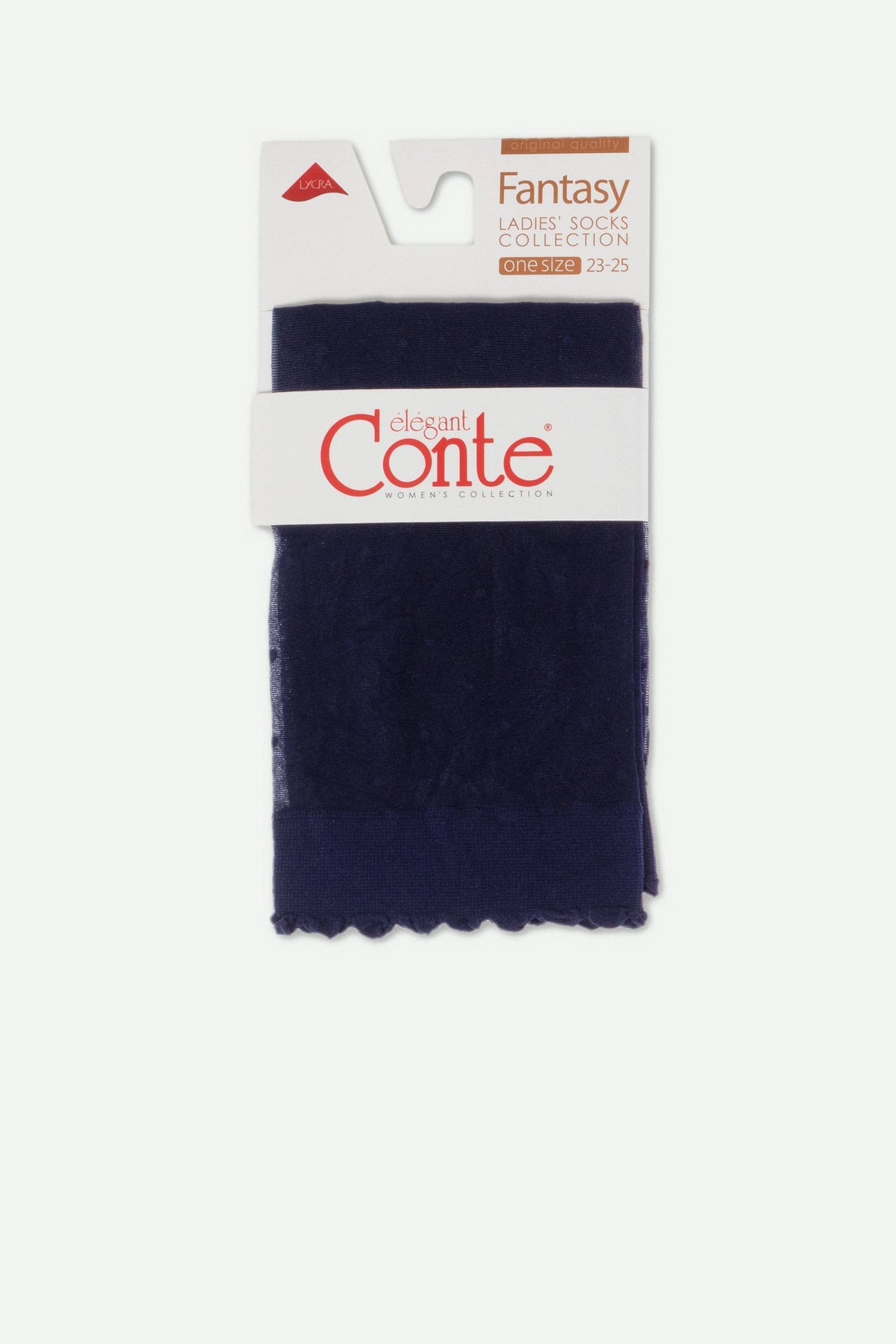 A pair of folded dark navy sheer socks with a scalloped edge displayed on a cardboard hanger with product branding.
