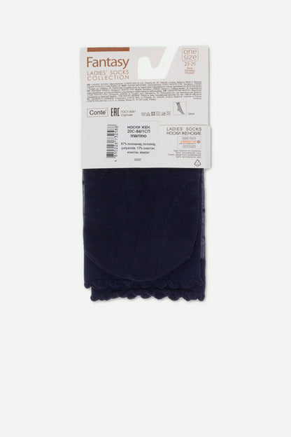 A pair of folded dark navy sheer women's socks displayed in their retail packaging with a label featuring product specifications at the top.