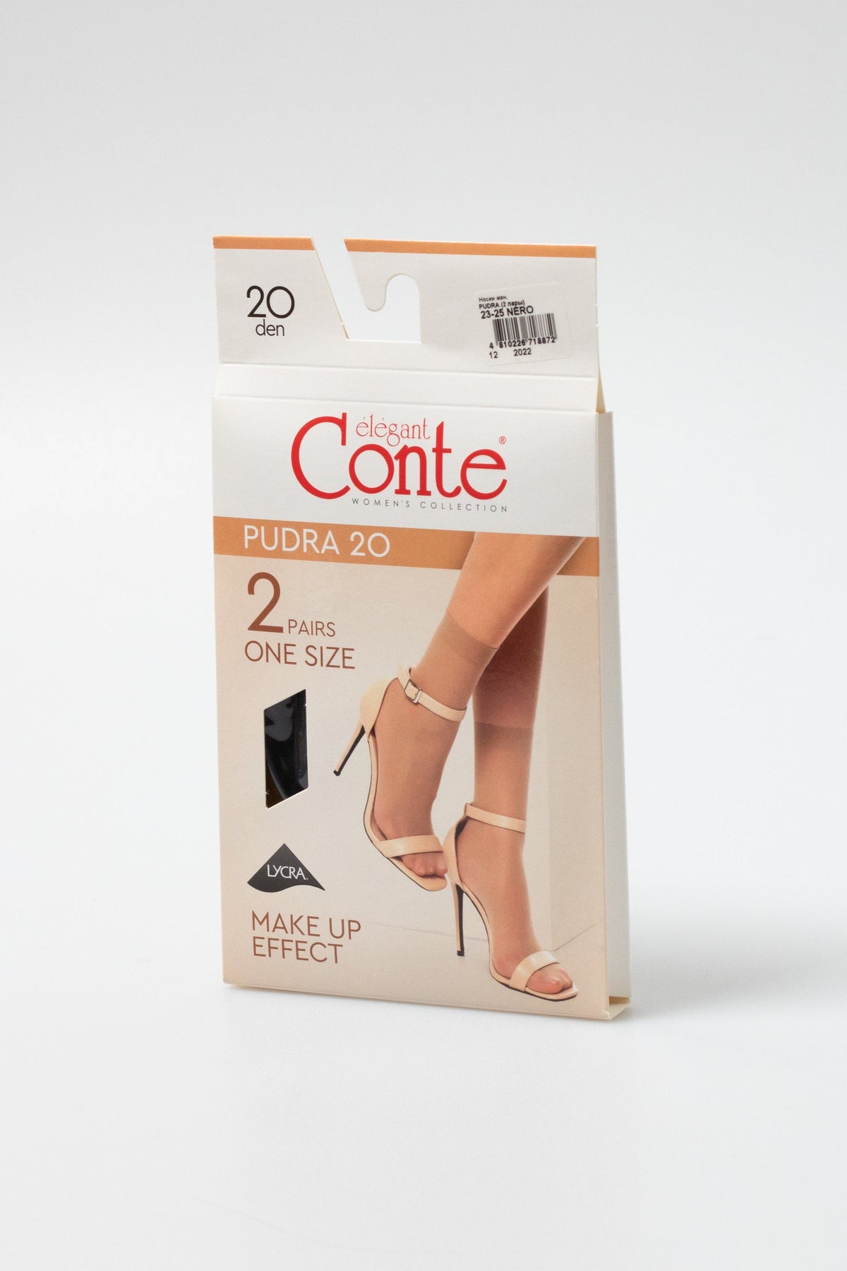 A box of two pairs of nude-colored sheer ankle high stockings with an image of a person wearing them with beige high-heeled sandals.