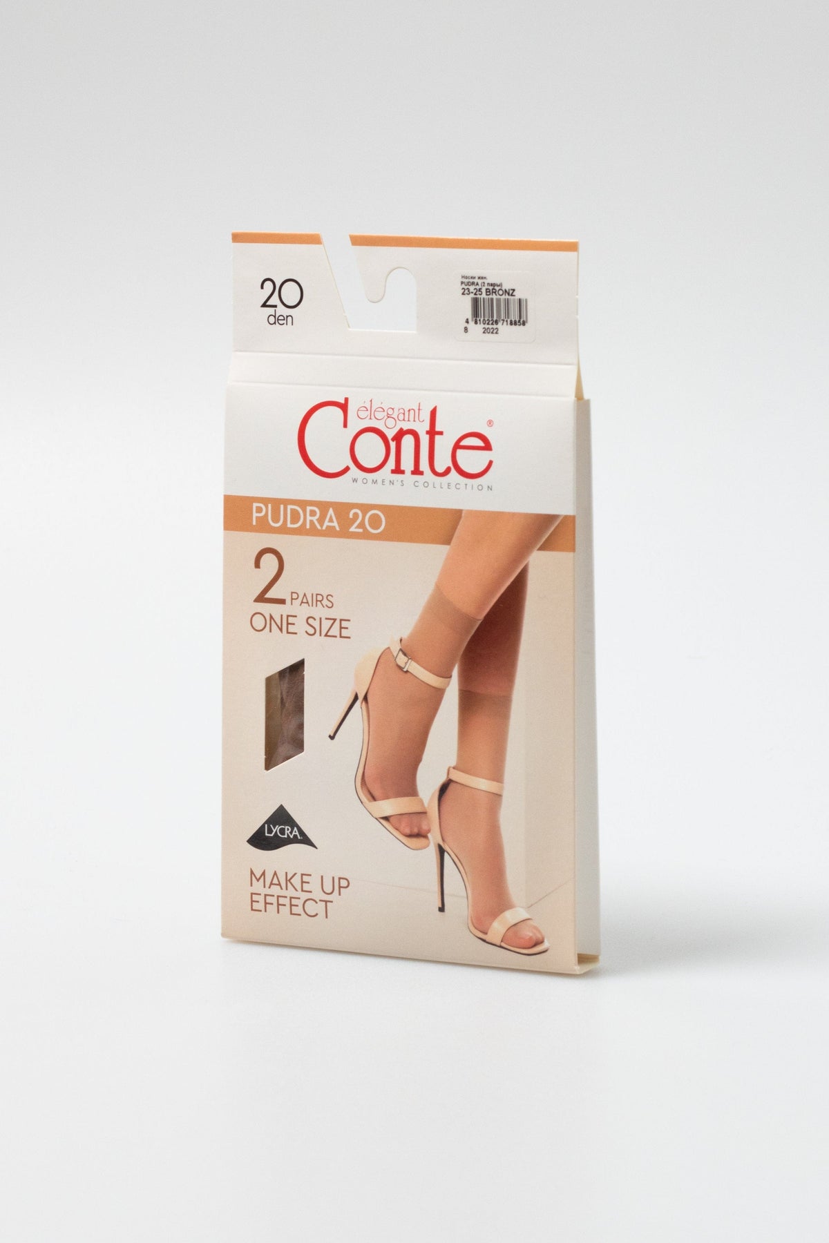A box of beige pantyhose featuring a model wearing the stockings with nude heeled sandals.