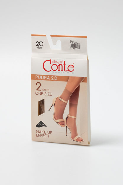A box of two pairs of sheer nude-colored ankle-high hosiery featuring a makeup effect, displayed against a plain white background.