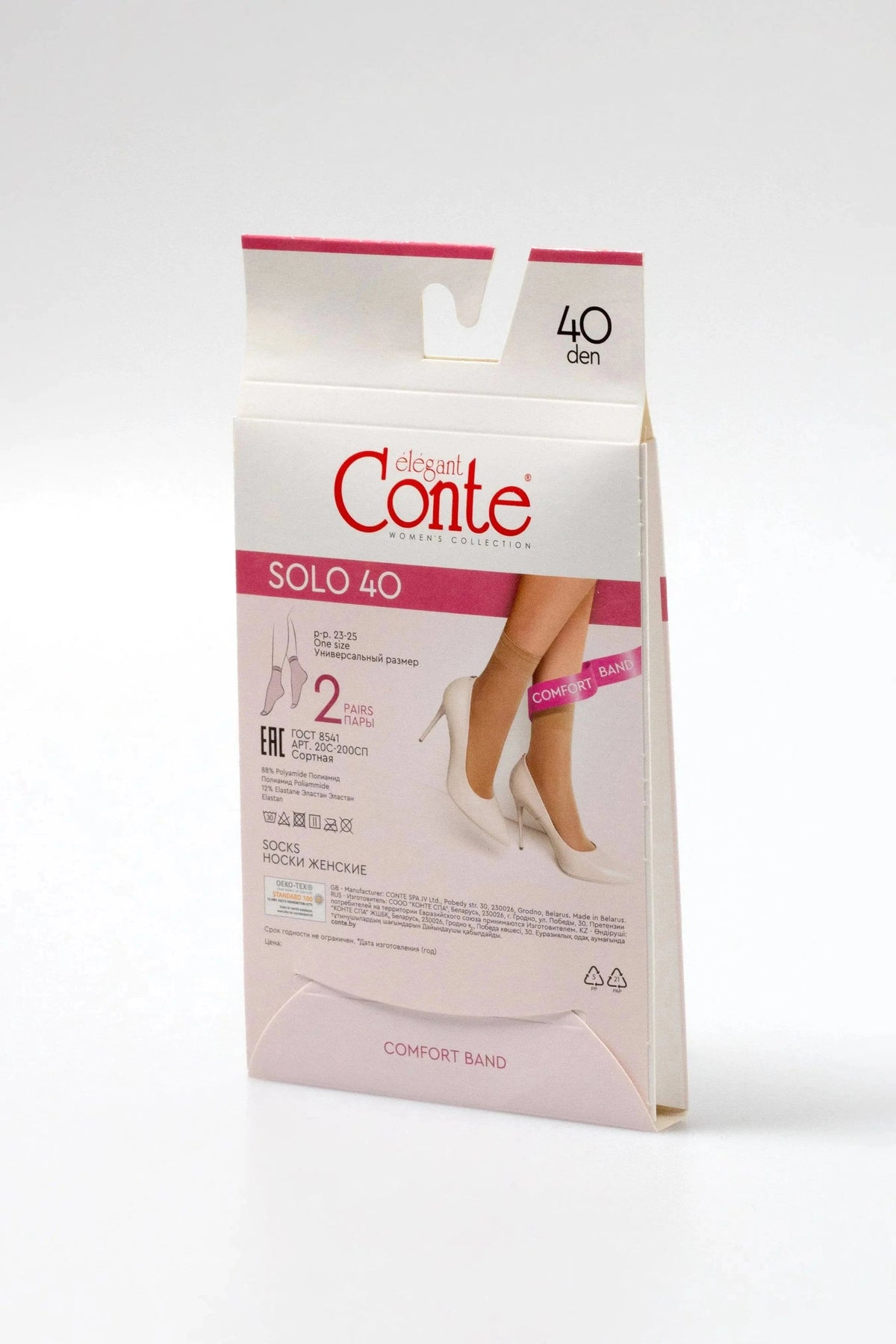 A box of beige women's sheer socks shown on a white background, featuring a photo of a woman's legs in high heels wearing the hosiery.