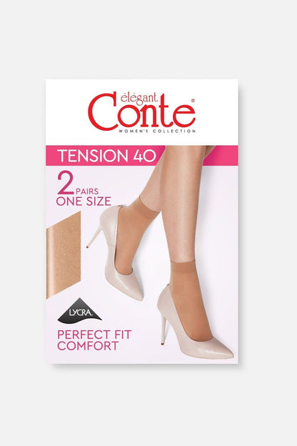 Two pairs of sheer beige ankle-high socks are displayed in their packaging, featuring a close-up fabric swatch and a model wearing the socks with pointed-toe high heels.