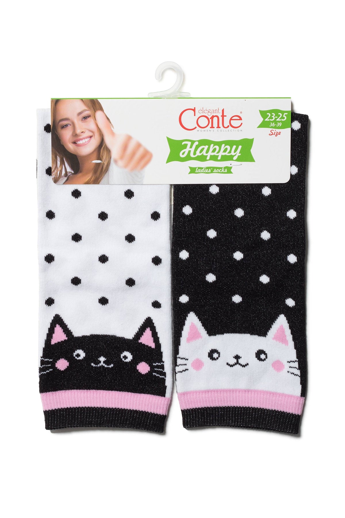 A pair of women's socks featuring polka dots and cat faces, with one white sock showing a black cat and one black sock showing a white cat, hanging from a branded display header.