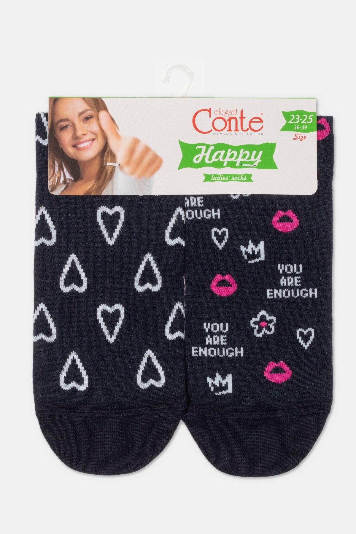 A pair of dark navy women's ankle socks featuring a white heart pattern on the left sock and pink lips, crowns, flowers, and the text YOU ARE ENOUGH on the right sock, displayed on a branded retail header card.