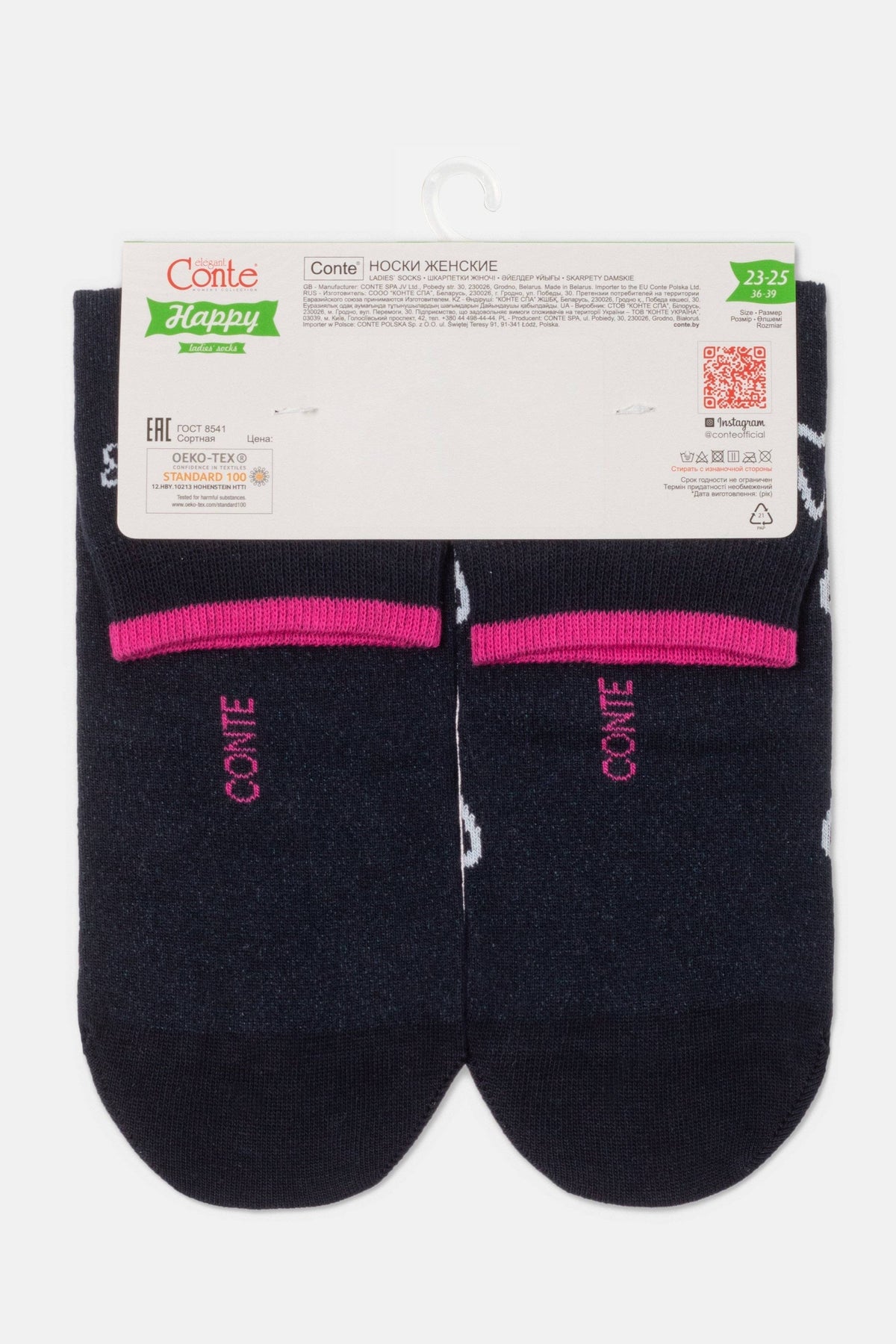 A pair of dark navy blue women's socks with a bright pink trim at the cuff and the word Conte printed in pink on the ankle, displayed against a white product header card.