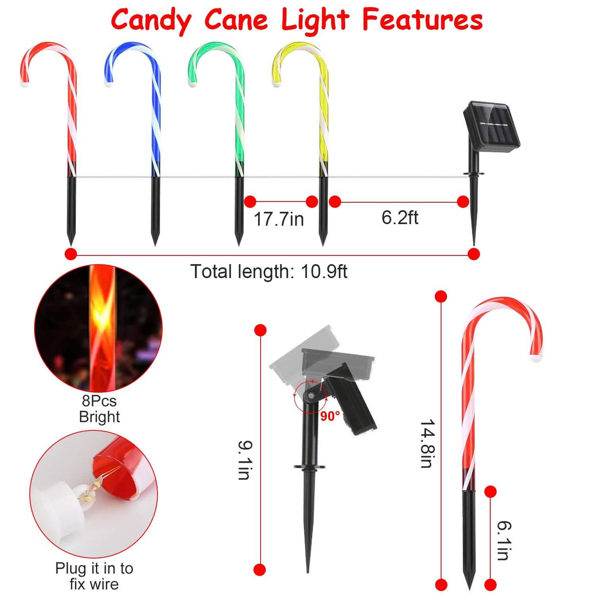 Solar Christmas Candy Cane Light IP55 Waterproof Stake Light - A-1 Thread Vault