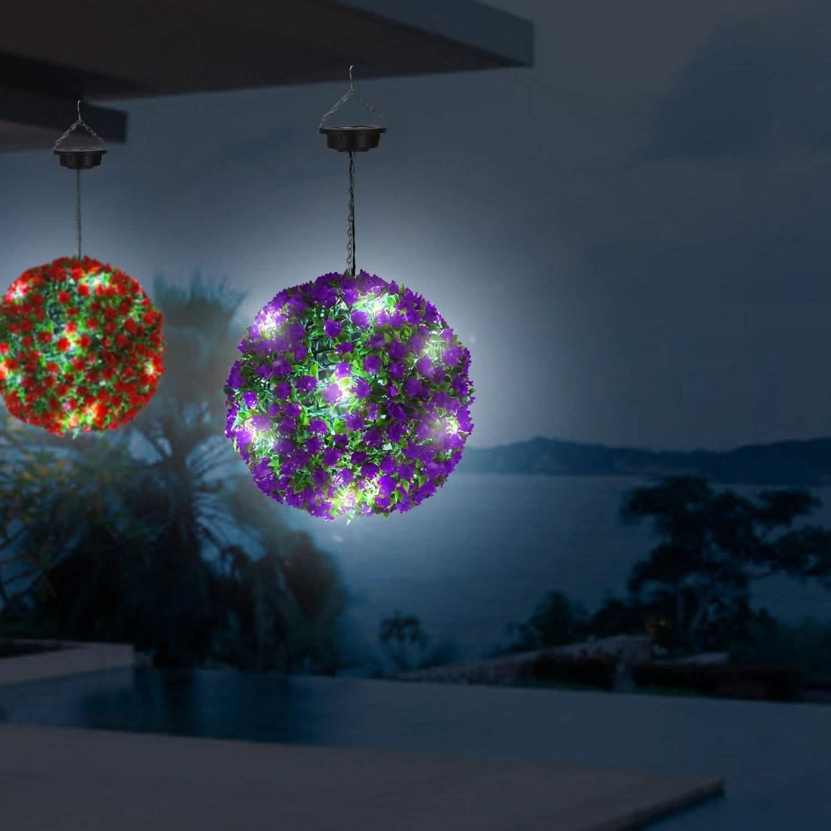 Solar Powered Topiary Ball Artificial Rose 20 LED Lights - A-1 Thread Vault