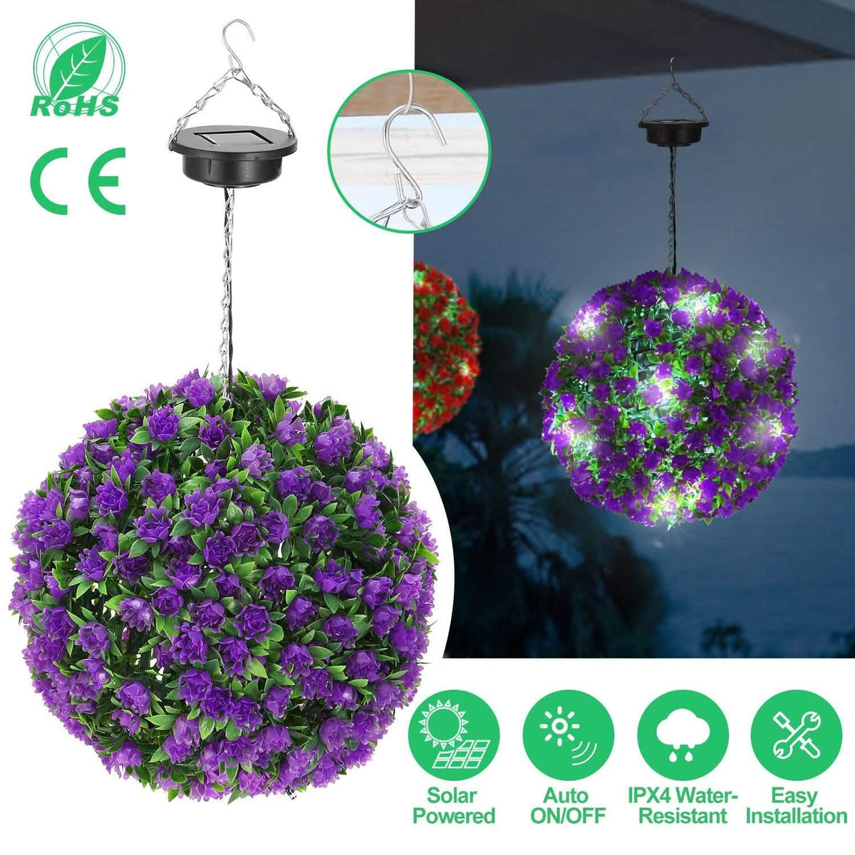 Solar Powered Topiary Ball Artificial Rose 20 LED Lights - A-1 Thread Vault