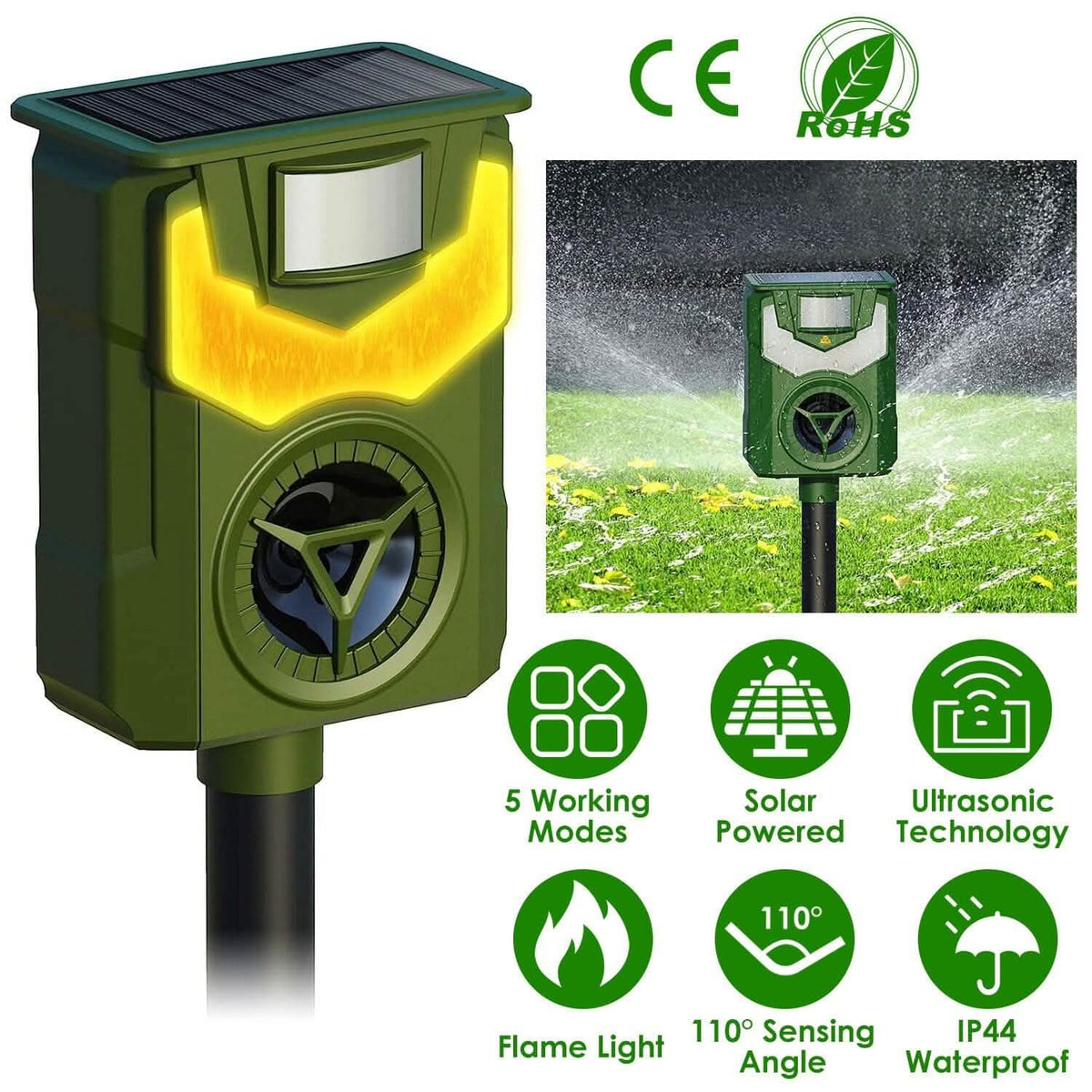 Solar Ultrasonic Animal Repeller with Flame Light USB Charge Motion Sensor - A-1 Thread Vault