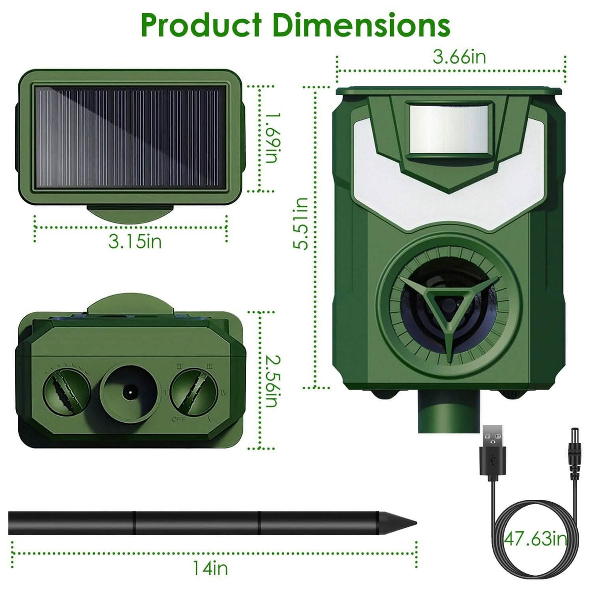 Solar Ultrasonic Animal Repeller with Flame Light USB Charge Motion Sensor - A-1 Thread Vault