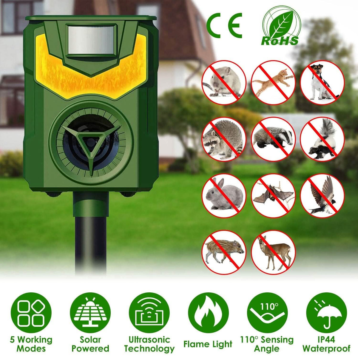Solar Ultrasonic Animal Repeller with Flame Light USB Charge Motion Sensor - A-1 Thread Vault
