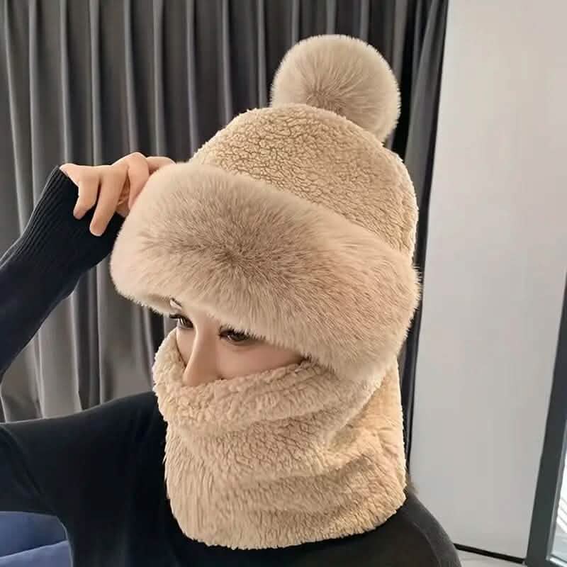 Solid Color Thickened Plush Neck Gaiter Mask Windproof Hooded Ear Protection Windproof Ski Hat - A-1 Thread Vault