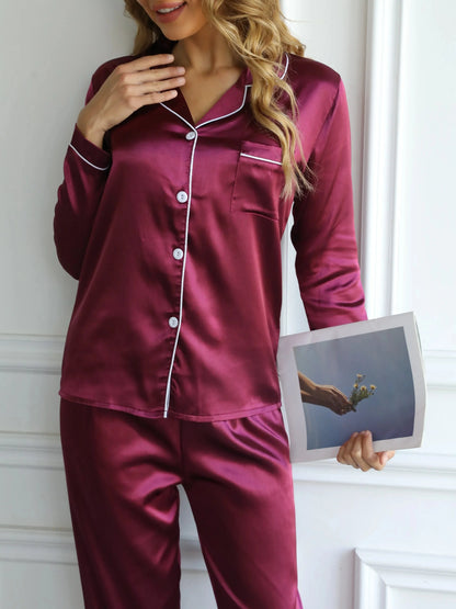 Solid Pajama Set Long Sleeve Button Up Lapel Top & Pants Pj Set Women's Sleepwear & Loungewear - A-1 Thread Vault