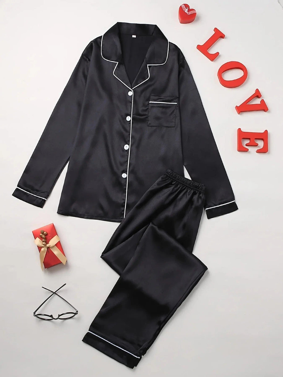 Solid Pajama Set Long Sleeve Button Up Lapel Top & Pants Pj Set Women's Sleepwear & Loungewear - A-1 Thread Vault