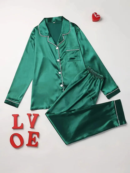 Solid Pajama Set Long Sleeve Button Up Lapel Top & Pants Pj Set Women's Sleepwear & Loungewear - A-1 Thread Vault