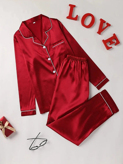 Solid Pajama Set Long Sleeve Button Up Lapel Top & Pants Pj Set Women's Sleepwear & Loungewear - A-1 Thread Vault
