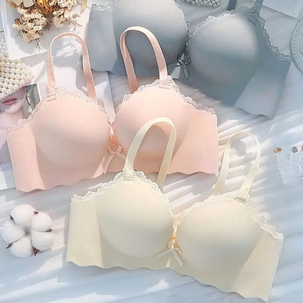 Solid Push Up Wireless Deep V Bra Shockproof Anti-sagging Lace Bowknot Bra Adjustable Lingerie Seamless Bra Girls - A-1 Thread Vault