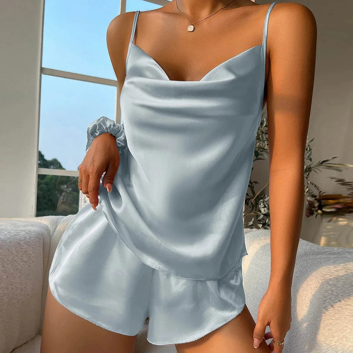 Solid Satin Pajama Set V Neck Cami Top Elastic Waistband Shorts Women's Sleepwear Loungewear - A-1 Thread Vault