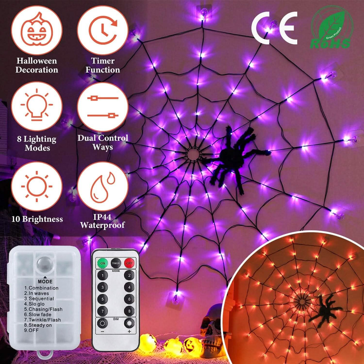 Spider Web Light with Hairy Spider 70LED Battery Powered Remote Control 8 Lighting Modes - A-1 Thread Vault