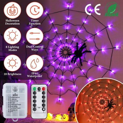 Spider Web Light with Hairy Spider 70LED Battery Powered Remote Control 8 Lighting Modes - A-1 Thread Vault