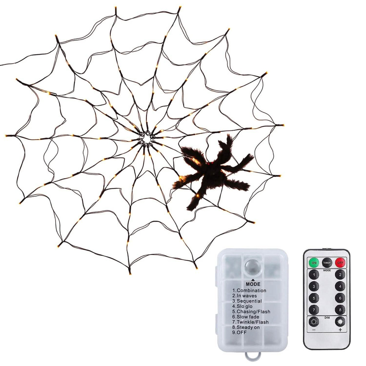 Spider Web Light with Hairy Spider 70LED Battery Powered Remote Control 8 Lighting Modes - A-1 Thread Vault