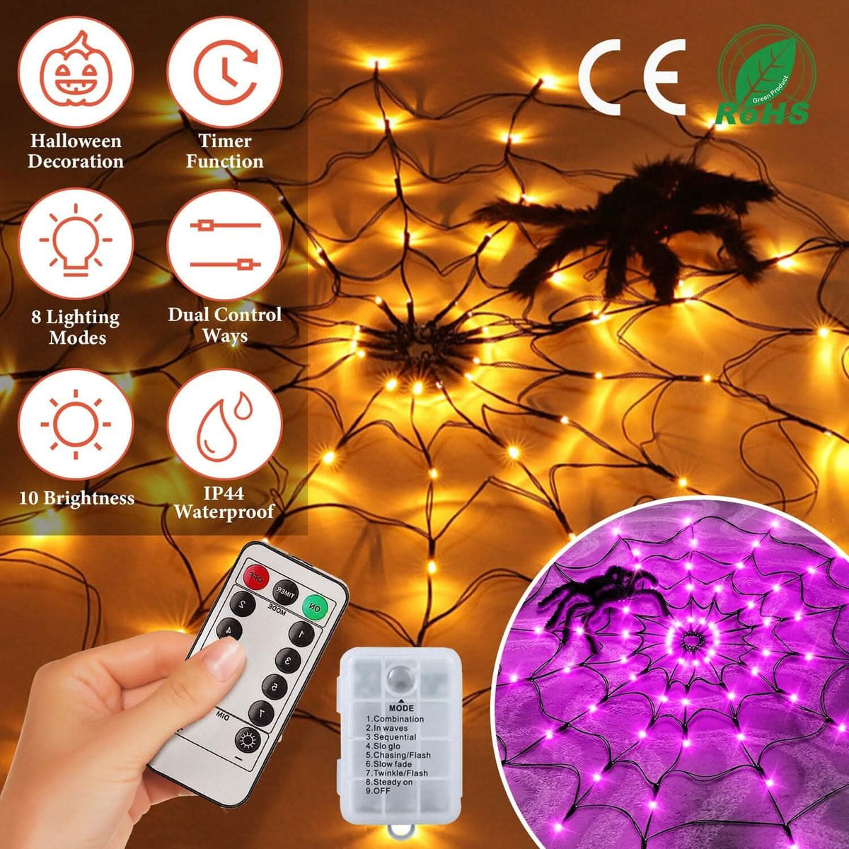 Spider Web Light with Hairy Spider 70LED Battery Powered Remote Control 8 Lighting Modes - A-1 Thread Vault
