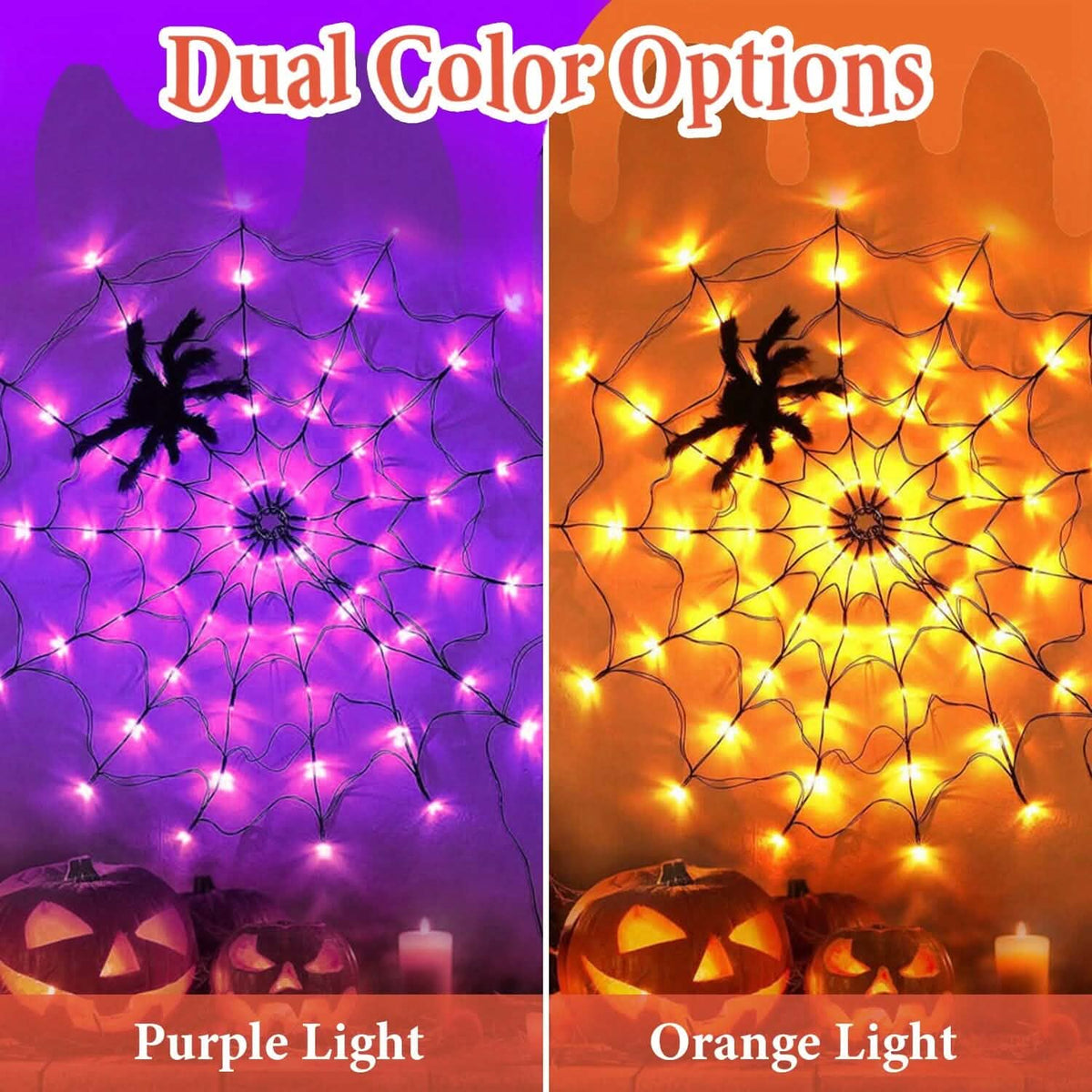 Spider Web Light with Hairy Spider 70LED Battery Powered Remote Control 8 Lighting Modes - A-1 Thread Vault