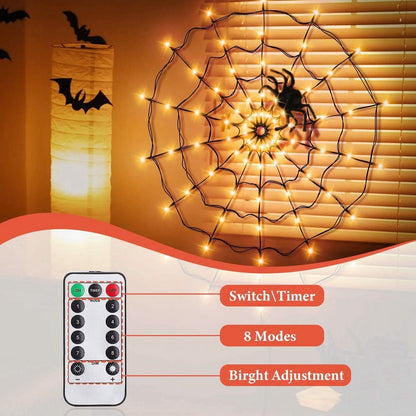Spider Web Light with Hairy Spider 70LED Battery Powered Remote Control 8 Lighting Modes - A-1 Thread Vault