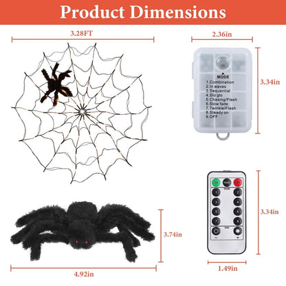 Spider Web Light with Hairy Spider 70LED Battery Powered Remote Control 8 Lighting Modes - A-1 Thread Vault