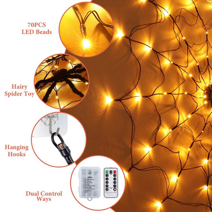 Spider Web Light with Hairy Spider 70LED Battery Powered Remote Control 8 Lighting Modes - A-1 Thread Vault