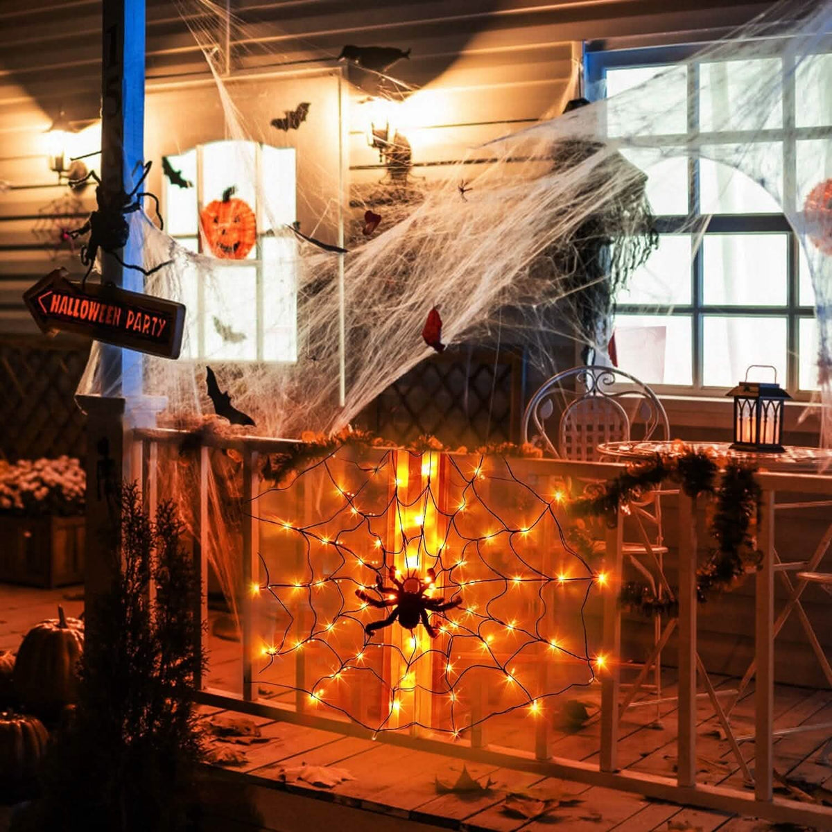 Spider Web Light with Hairy Spider 70LED Battery Powered Remote Control 8 Lighting Modes - A-1 Thread Vault