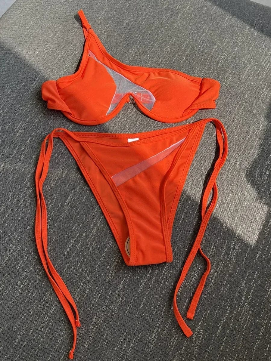 Splicing Mesh One Shoulder Underwire V-bar Bikini Women Swimsuit Female Swimwear Two pieces Bikini set Push Up Bathing suit Swim - A-1 Thread Vault