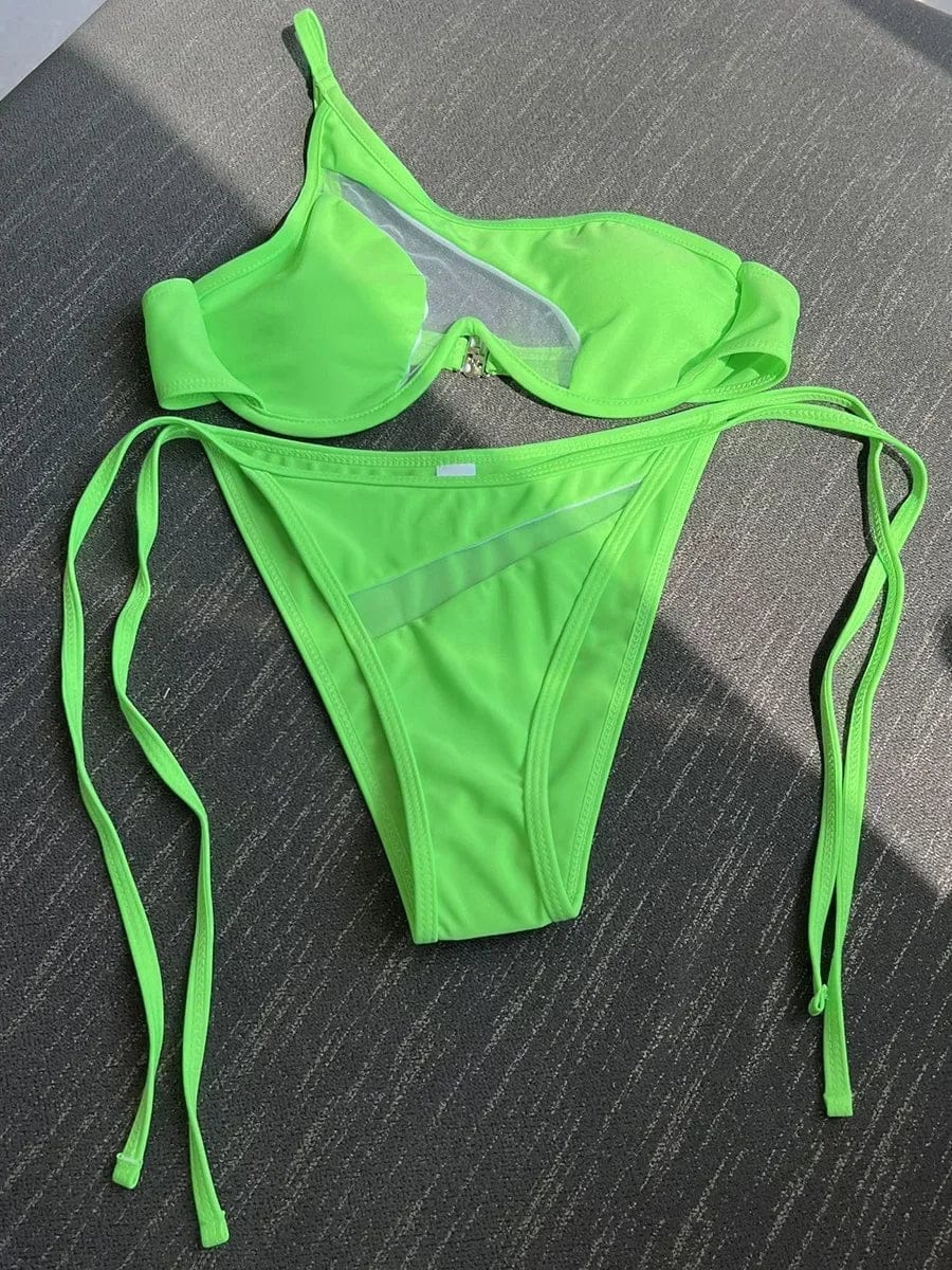 Splicing Mesh One Shoulder Underwire V-bar Bikini Women Swimsuit Female Swimwear Two pieces Bikini set Push Up Bathing suit Swim - A-1 Thread Vault