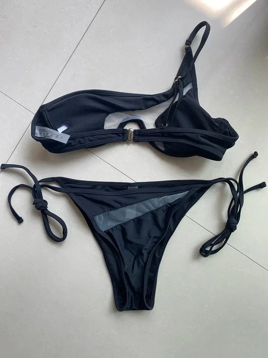 Splicing Mesh One Shoulder Underwire V-bar Bikini Women Swimsuit Female Swimwear Two pieces Bikini set Push Up Bathing suit Swim - A-1 Thread Vault