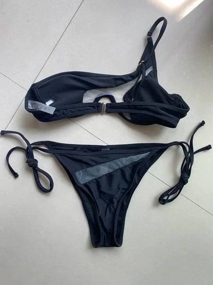 Splicing Mesh One Shoulder Underwire V-bar Bikini Women Swimsuit Female Swimwear Two pieces Bikini set Push Up Bathing suit Swim - A-1 Thread Vault