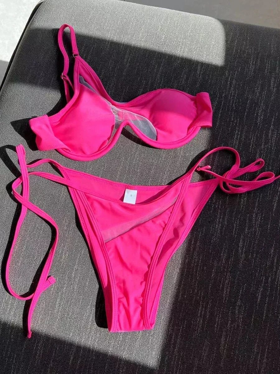 Splicing Mesh One Shoulder Underwire V-bar Bikini Women Swimsuit Female Swimwear Two pieces Bikini set Push Up Bathing suit Swim - A-1 Thread Vault