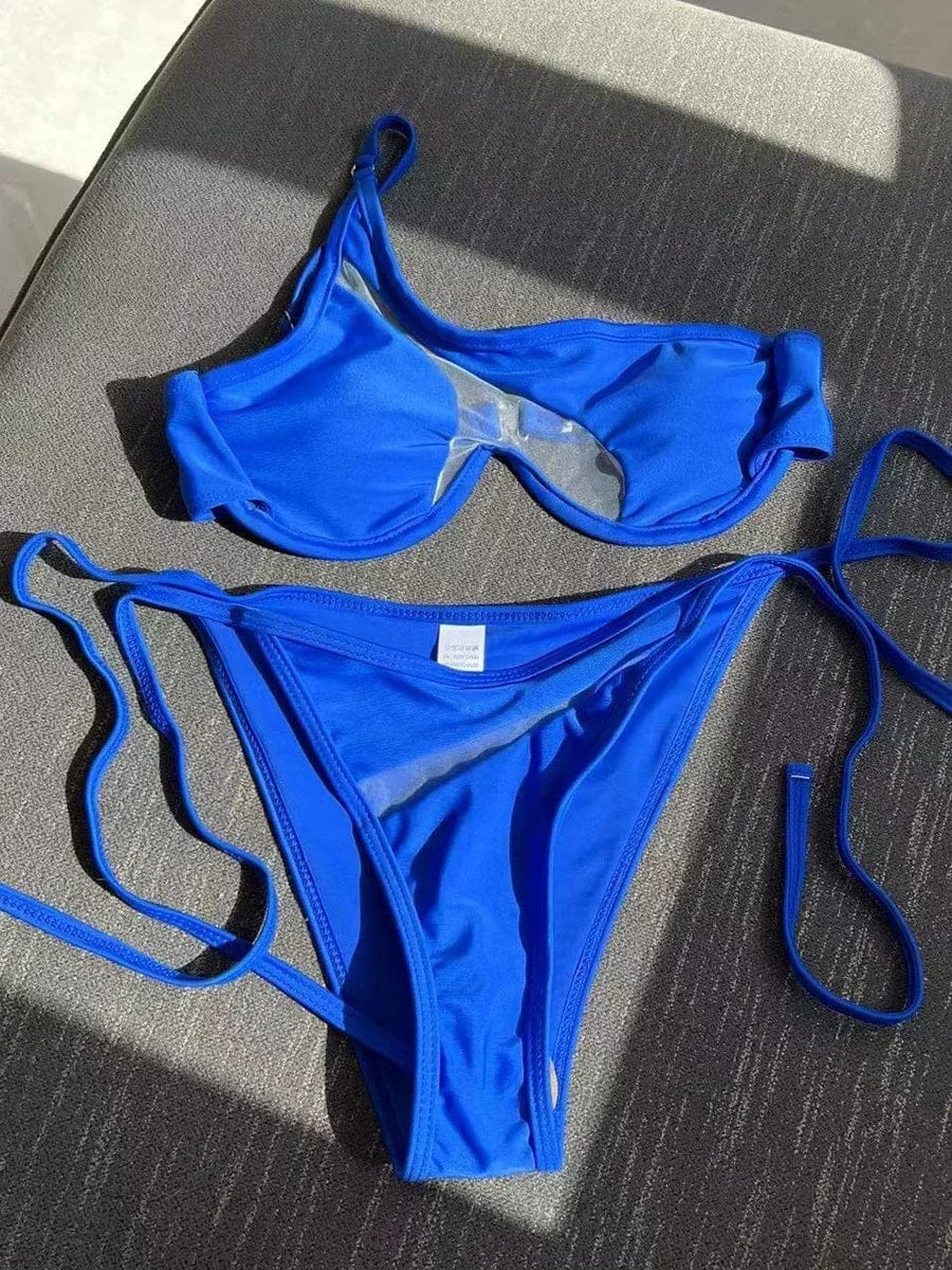 Splicing Mesh One Shoulder Underwire V-bar Bikini Women Swimsuit Female Swimwear Two pieces Bikini set Push Up Bathing suit Swim - A-1 Thread Vault