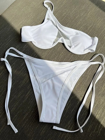Splicing Mesh One Shoulder Underwire V-bar Bikini Women Swimsuit Female Swimwear Two pieces Bikini set Push Up Bathing suit Swim - A-1 Thread Vault
