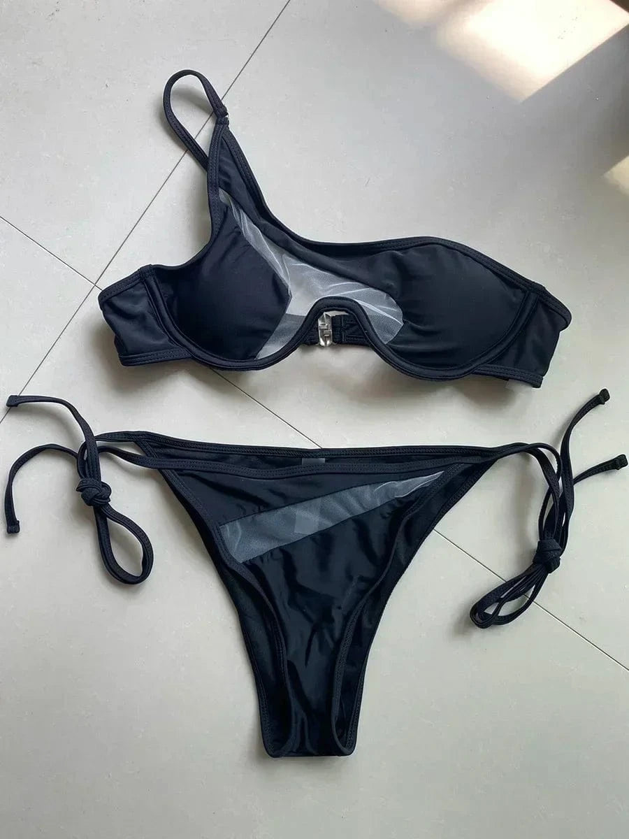 Splicing Mesh One Shoulder Underwire V-bar Bikini Women Swimsuit Female Swimwear Two pieces Bikini set Push Up Bathing suit Swim - A-1 Thread Vault