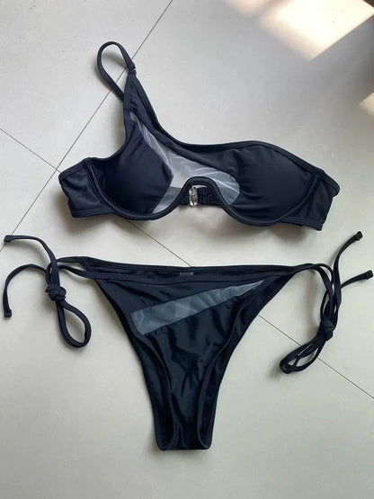 Splicing Mesh One Shoulder Underwire V-bar Bikini Women Swimsuit Female Swimwear Two pieces Bikini set Push Up Bathing suit Swim - A-1 Thread Vault