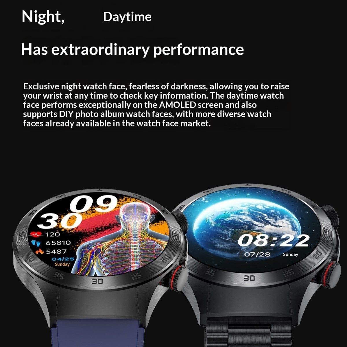 A black circular smartwatch shown in two different modes, with one screen displaying health data and a body graphic, and the other displaying a view of Earth.
