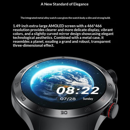 A circular smartwatch with a metallic grey casing and a dark digital display showing a planet graphic, the date, and the time.