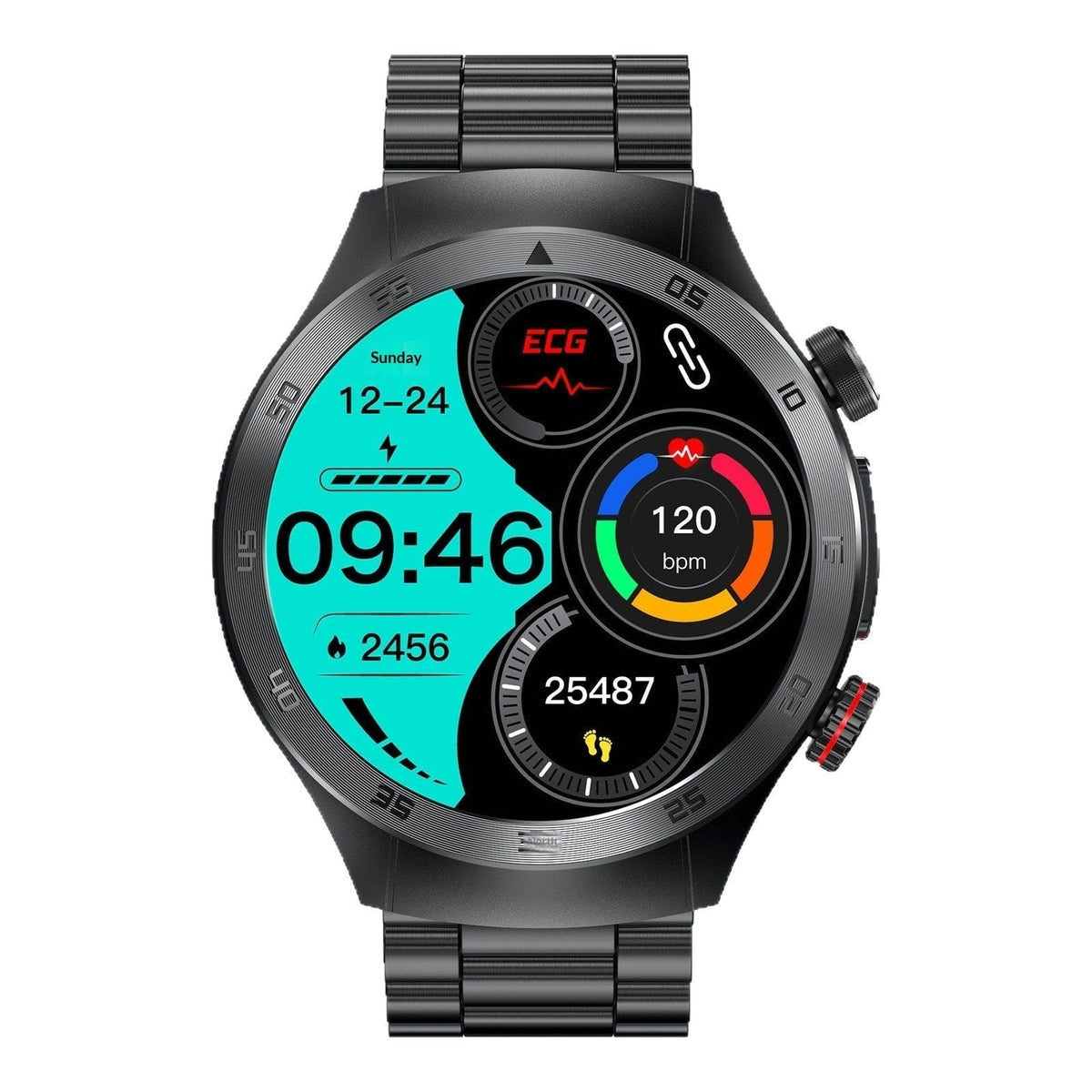 A black circular smartwatch with a metallic link band displays a digital watch face featuring the time, date, heart rate, step count, and ECG icon on a teal and black interface.