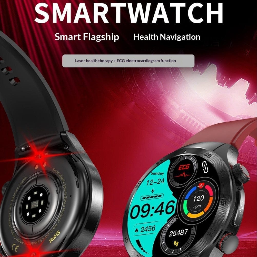 A round smartwatch is shown from two angles, featuring a black digital display with metrics including time, date, heart rate, and steps, alongside a dark-colored strap and a sensor-packed back casing.