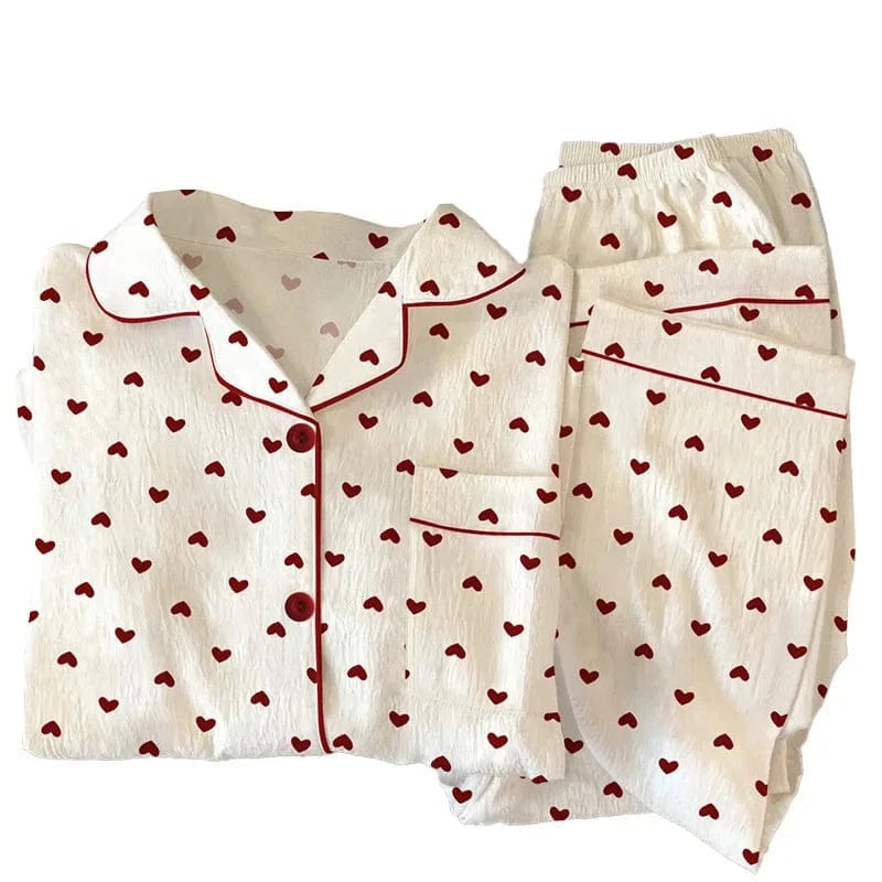 Spring and Autumn New Women's Pajamas Loungewear Set Girl Love Cardigan Pajamas Crinkled Fabric Loungewear Long Sleeve Set - A-1 Thread Vault