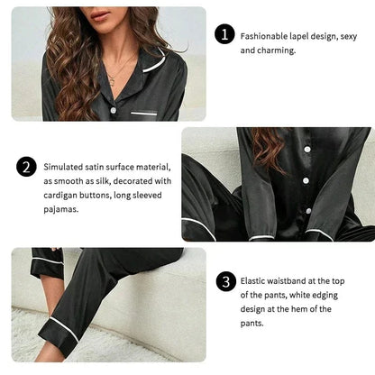Spring Autumn Silk Pajamas Set for Women Casual Soft Nightwear Long Shirt Tops and Long Pants Cardigan Sleepwear Homewear - A-1 Thread Vault